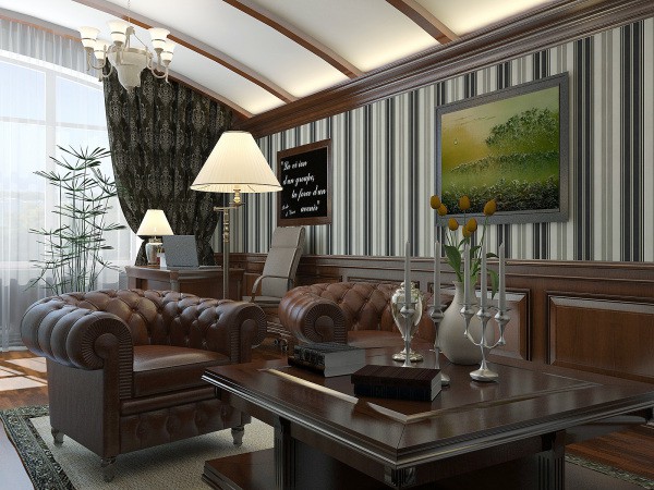 Ruang tamu klasik dengan panel kayu