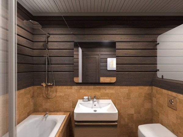 Bilik mandi di rumah kayu: kayu berwarna dan jubin gabus