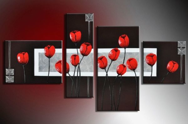 Panel dinding hitam dengan tulip merah - elemen menarik untuk bilik tidur