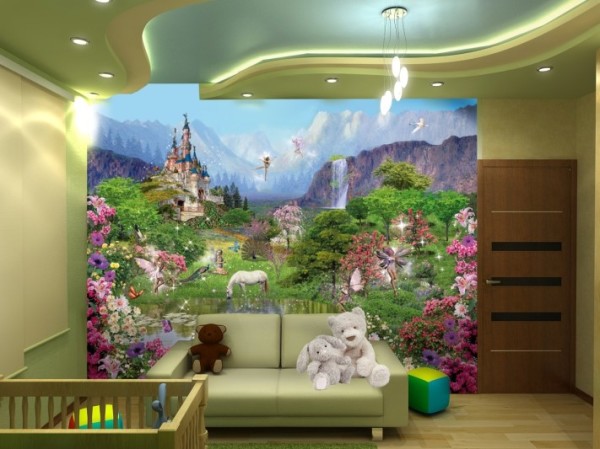 Mural dinding di bilik kanak-kanak hutan dengan watak dongeng