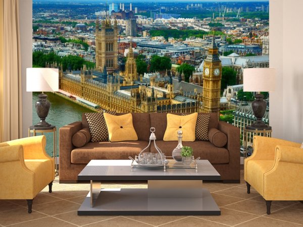 Kertas foto di ruang tamu dengan pemandangan panorama Istana Westminster