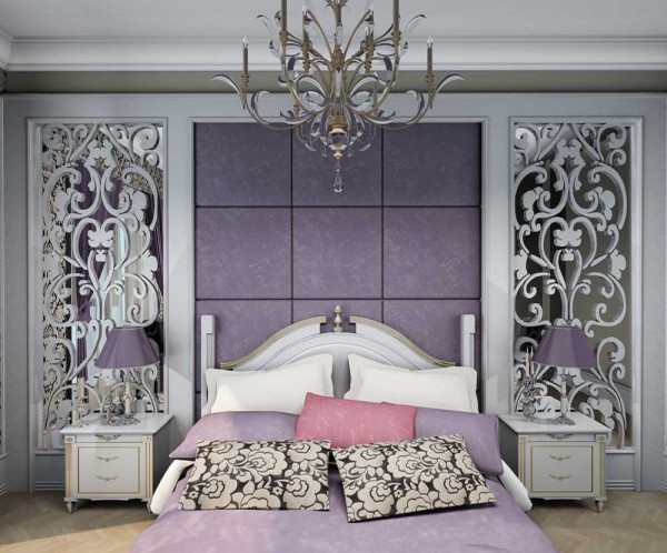 Foto menunjukkan bilik tidur klasik berwarna putih ungu