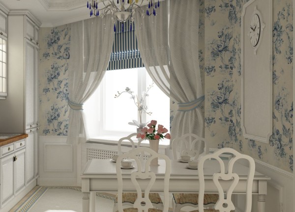 Kertas dinding dengan bunga biru halus di dapur putih dengan gaya Provence