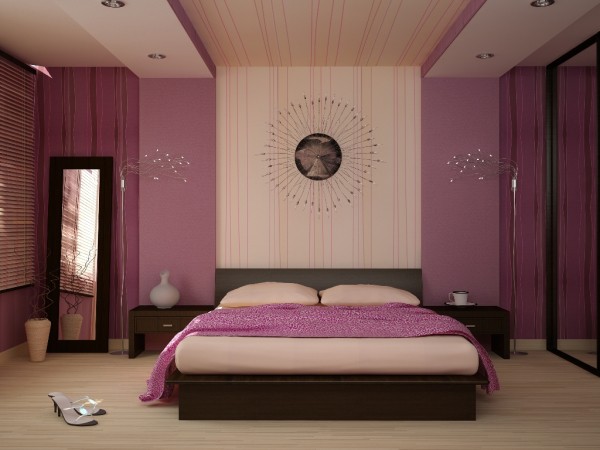 Bilik tidur dalam warna krem ​​dan ungu sesuai dengan peraturan feng shui