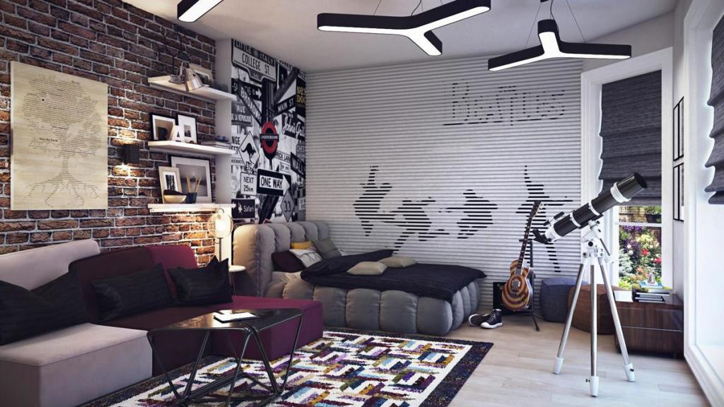 Contoh bilik untuk lelaki kreatif muda dalam gaya loteng, dengan gambar grafiti di kertas dinding foto