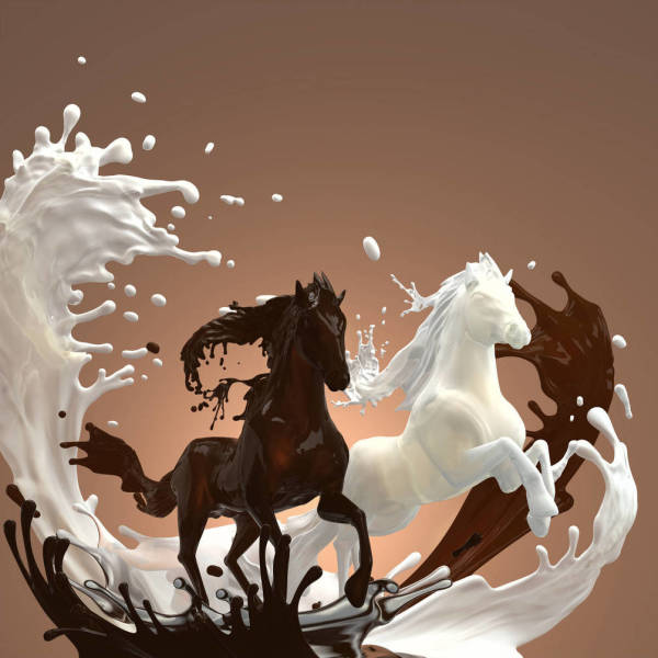 Lukisan pengarang yang menggambarkan dua kuda bergaya dengan warna yang berbeza