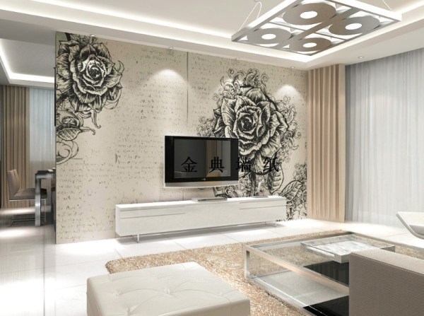 Kertas dinding foto hitam putih dengan bunga mawar, di bahagian dalam ruang tamu