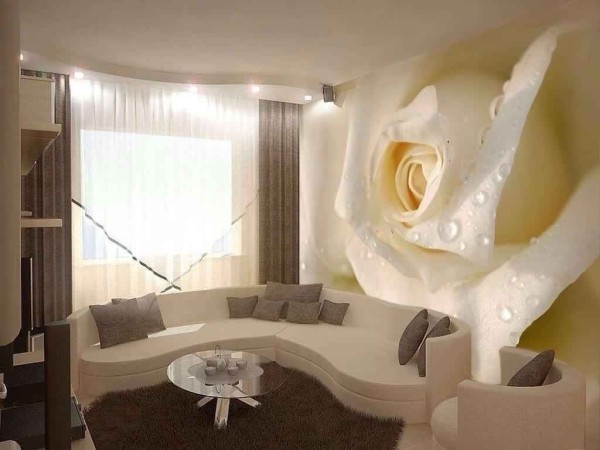 Mural dinding mawar putih dengan kesan 3D, di bahagian dalam ruang tamu