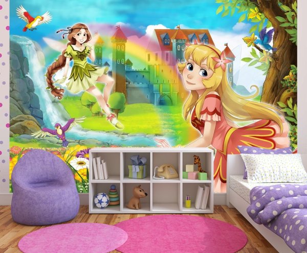 Gadis cantik dinding mural, peri dari kartun, di bahagian dalam bilik kanak-kanak