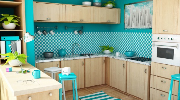 Kertas dinding biru untuk dapur yang terang