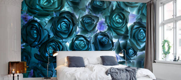 Kertas dinding foto yang tidak biasa dengan bunga mawar, di bahagian dalam bilik tidur moden