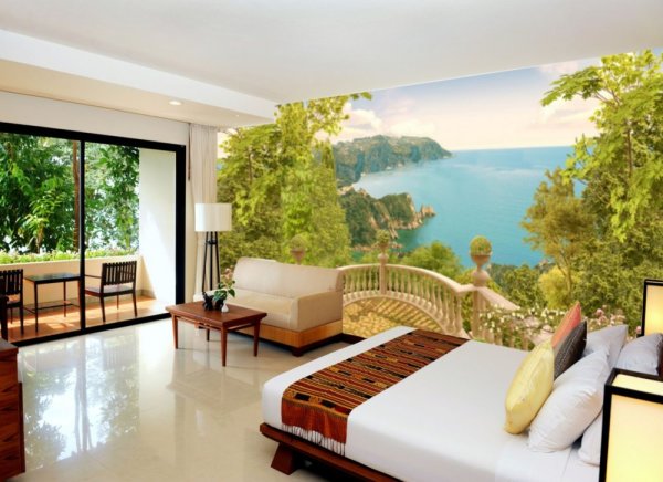 Mural panorama dengan pemandangan yang menakjubkan dari balkoni, di bahagian dalam bilik tidur