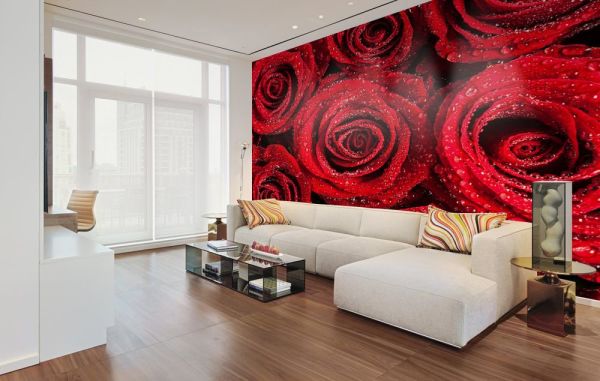 Mawar merah terang di mural di bahagian dalam ruang tamu putih