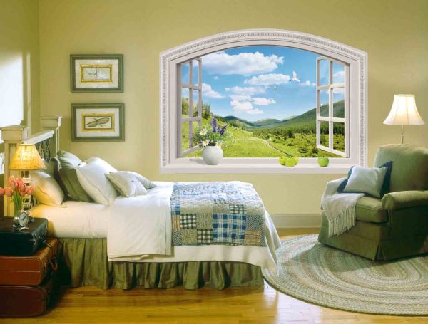  Mural dinding dengan pemandangan pemandangan gunung dari tingkap, di pedalaman bilik tidur desa