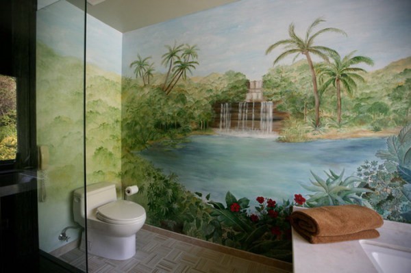 Gambar cat air di wallpaper foto dalaman dengan kehijauan dan air terjun
