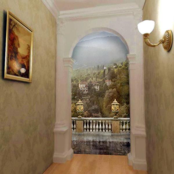 Dinding lukisan dinding yang menggambarkan pemandangan dari balkoni kota gunung, akan menghiasi koridor kosong