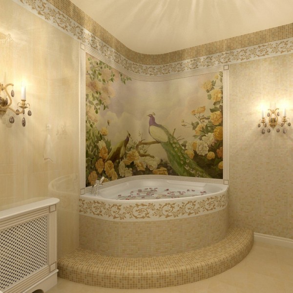 Dinding lukisan dinding dengan plot semula jadi di bahagian dalam bilik mandi yang mulia