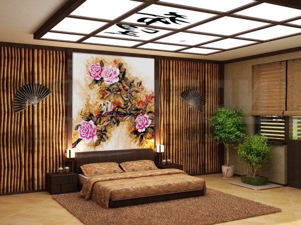 Dinding mural bunga di bahagian dalam bilik tidur Jepun