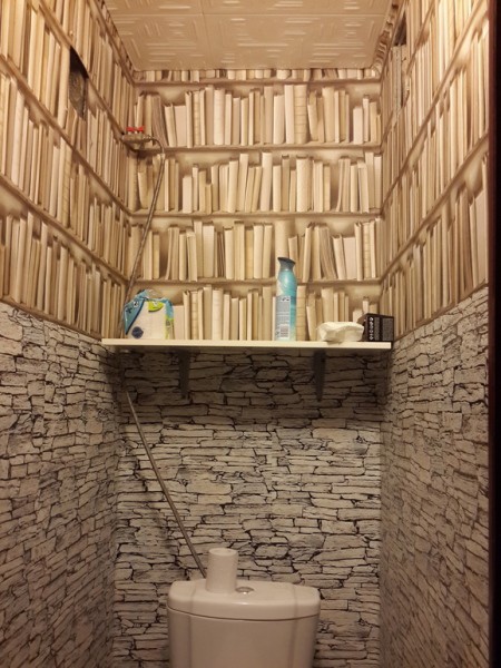 Mural dinding dengan tiruan rak batu dan buku di bahagian dalam tandas
