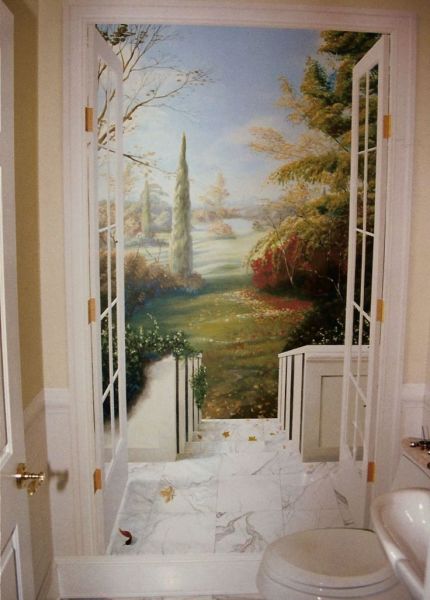 Mural dinding dengan gambar akses ke teras dan taman musim luruh, di bahagian dalam tandas