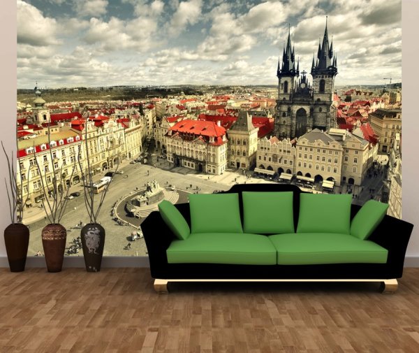 Mural dinding dengan gambar panorama Prague di bahagian dalam ruang tamu
