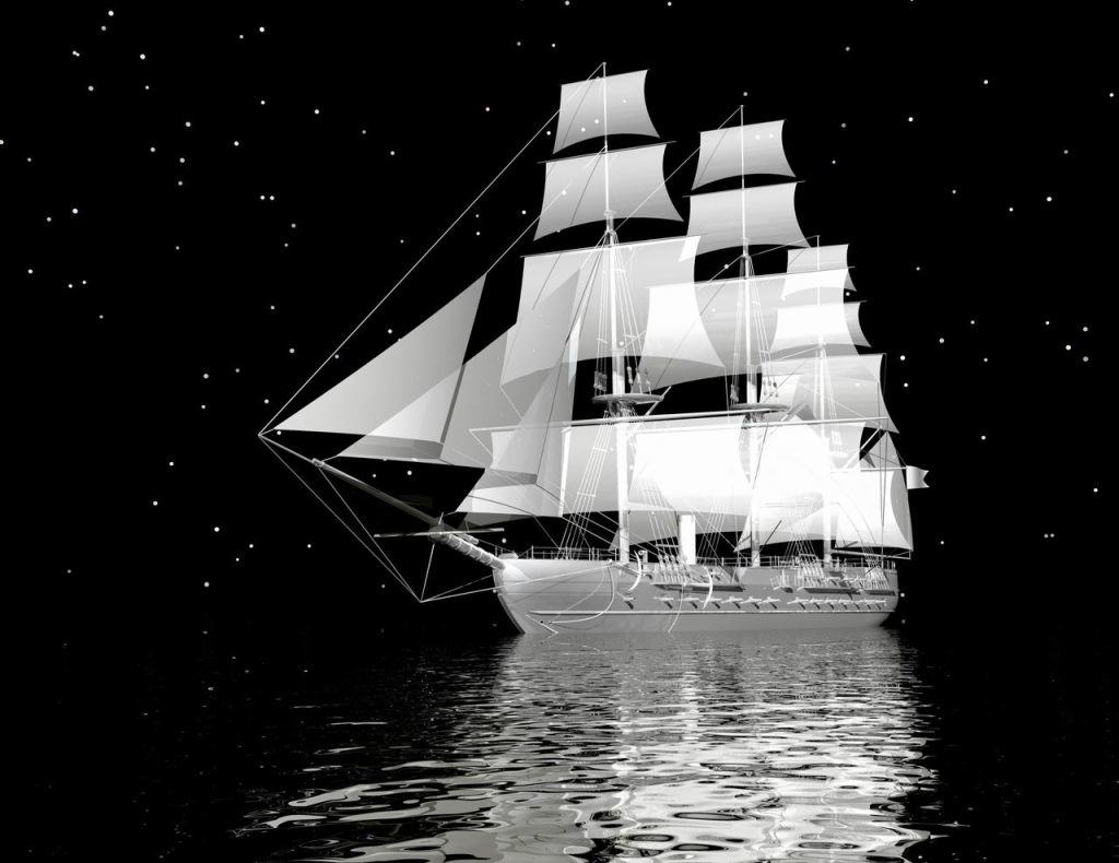 Kertas dinding foto hitam putih dengan gambar kapal yang bercahaya di laut malam