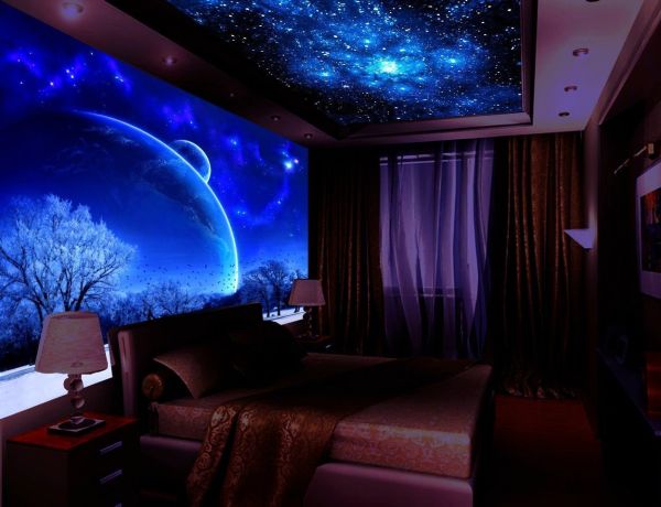 Papel de parede fluorescente de fotos em 3D com um motivo espacial no interior do quarto