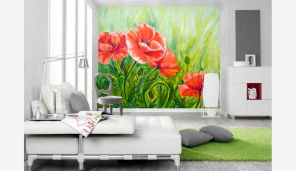 Poppy mural dinding di bilik tidur, menambah semangat terang pada bahagian dalaman moden