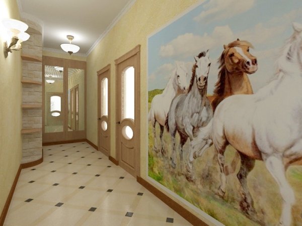Mural dinding dengan gambar kuda larian. Lukisan tematik yang indah yang sesuai dengan bahagian dalam dewan pintu masuk yang besar