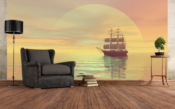 Mural dinding dengan gambar perahu layar dengan latar belakang matahari terbenam, di kawasan laut