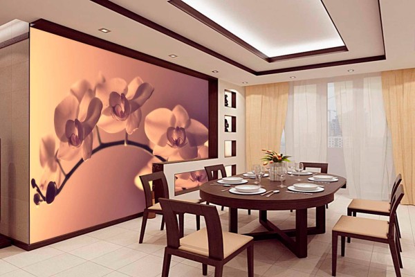 Mural dinding dengan gambar ranting sakura di bahagian dalaman ruang makan-dapur Jepun