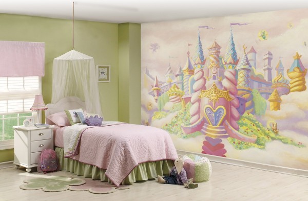 Mural siap untuk kanak-kanak dengan gambar istana dongeng, sangat sesuai dengan bahagian dalaman puteri kecil yang halus