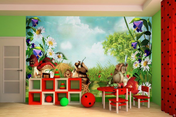 Mural dinding untuk tadika dipilih, walaupun dengan gambar anak-anak, tetapi lebih neutral, seperti alam, haiwan dan dongeng, lihat foto sebagai contoh