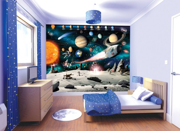 Kertas foto untuk bilik kanak-kanak dengan gambar motif ruang, akan lebih sesuai untuk bilik budak lelaki yang gemar fiksyen sains