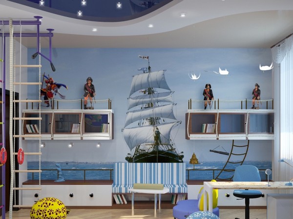 Dalam foto itu, bilik kanak-kanak seorang bajak laut muda, dengan mural untuk kanak-kanak lelaki dengan gambar fregat cepat terhadap laut dan langit biru