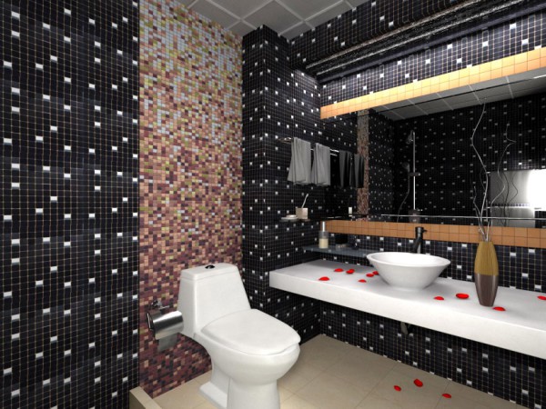 Reka bentuk asli tandas, dibuat menggunakan panel plastik yang meniru jubin mosaik