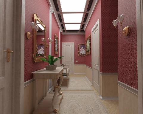 Koridor dengan hiasan gabungan: kertas dinding, serta panel kayu klasik