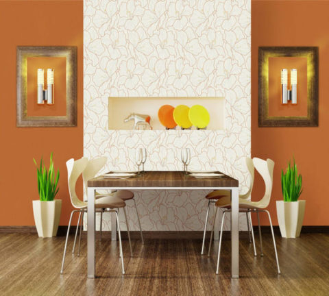 Dinding aksen, ditampal dengan kertas dinding bukan tenunan, dengan jelas menunjukkan sempadan ruang makan di dapur