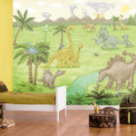 Mural dinding dengan dinosaur untuk bilik budak lelaki